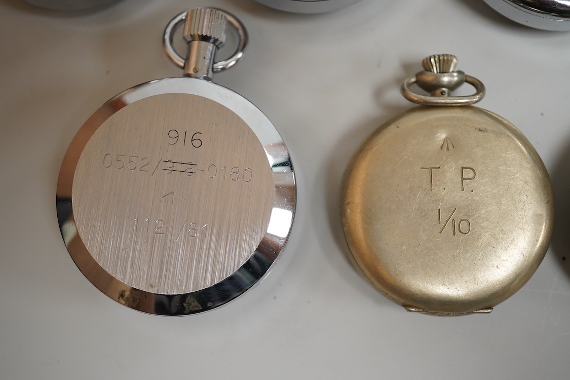 Seven assorted mainly late 20th century base metal cased military stopwatches, including three CWC and a Nero Lemania.